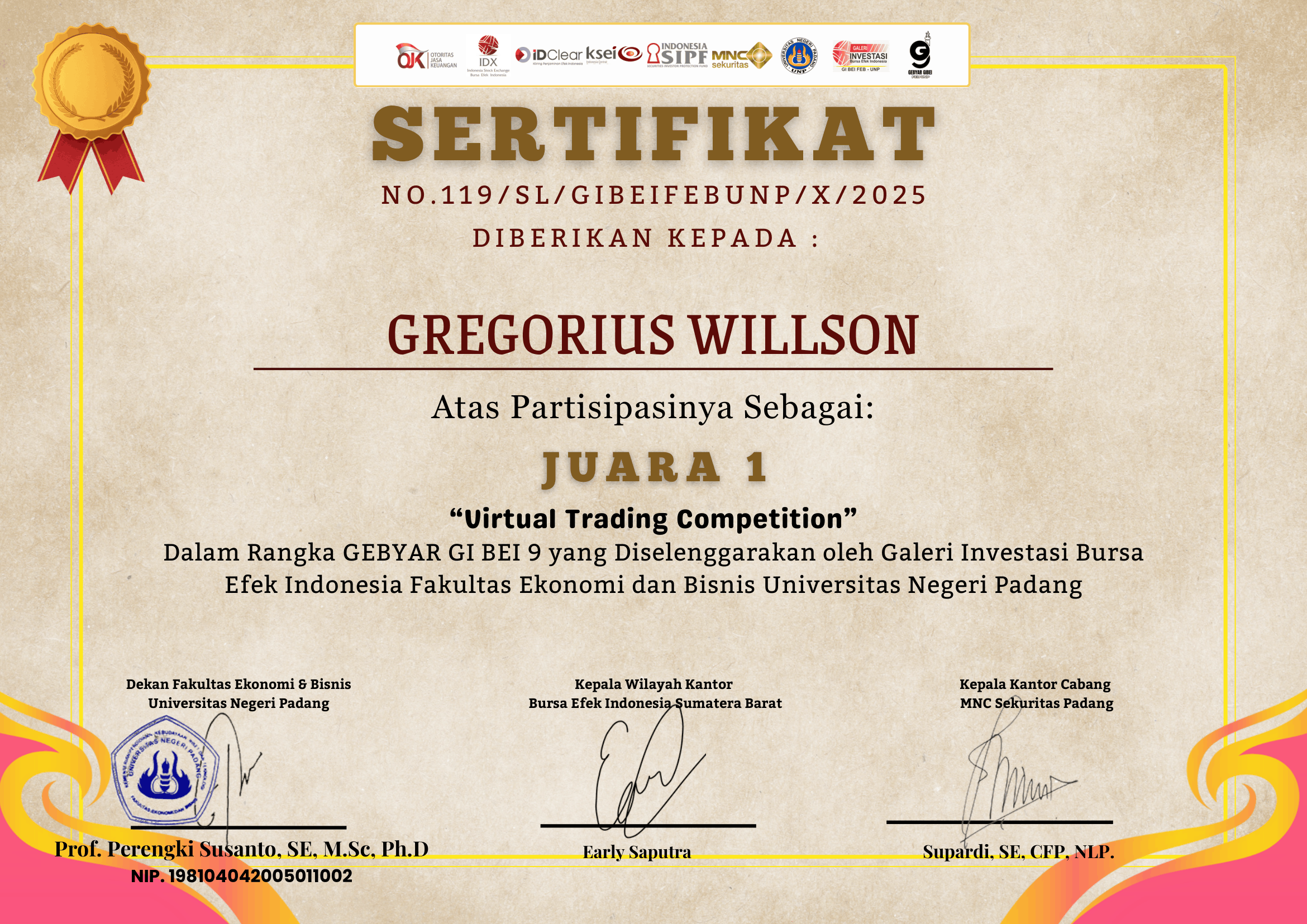 Gebyar GI BEI Virtual Trading Competition: 1st place: 30% portfolio return in 2 weeks