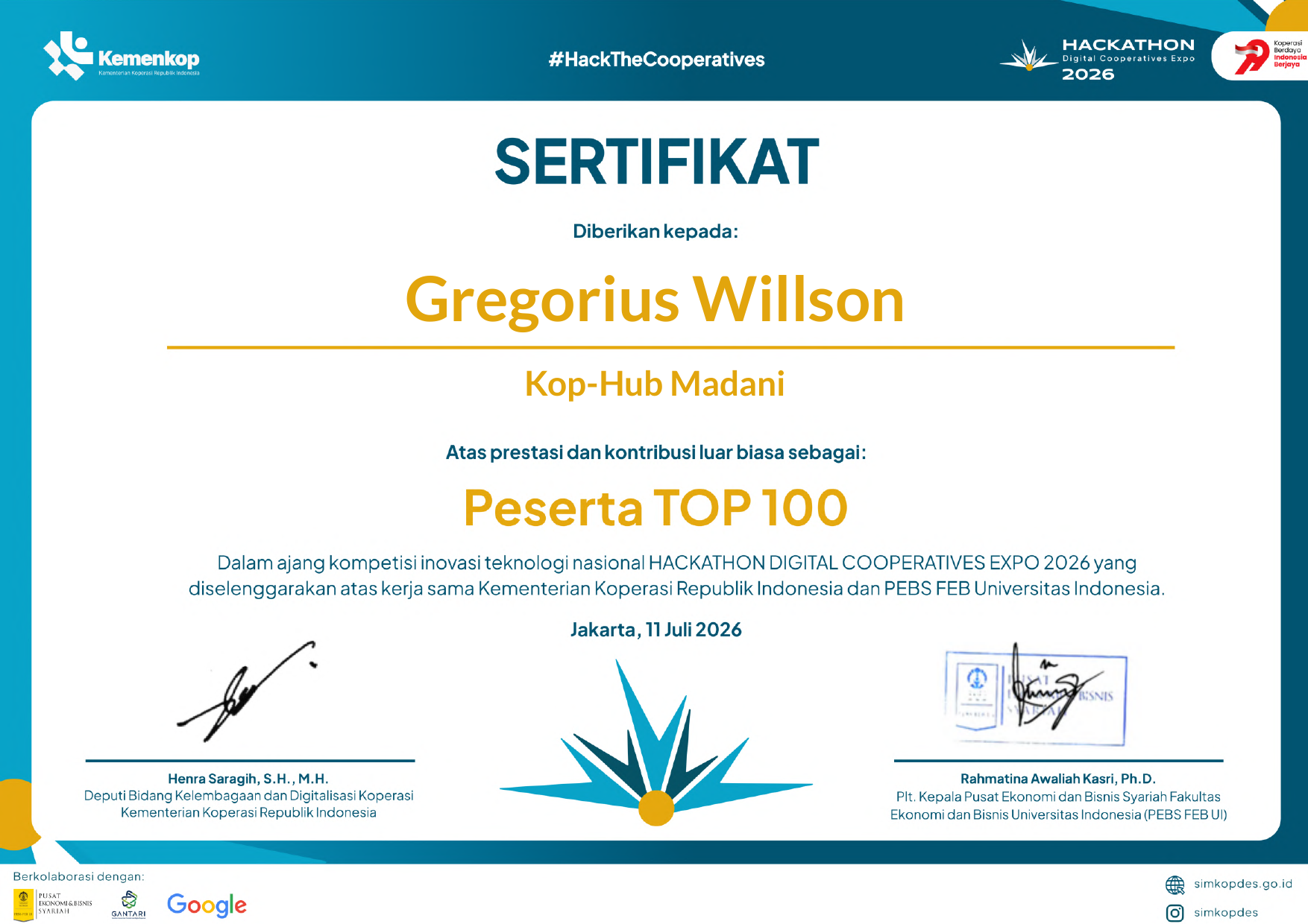 Hackathon Digital Cooperatives Expo 2026: Top 100 nationally with team Kop-Hub Madani