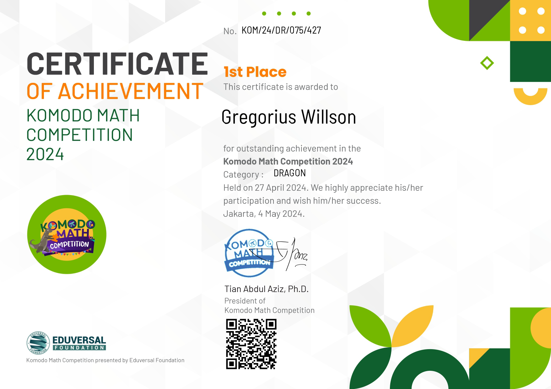 Komodo Math Competition: 1st place internationally: 1,100+ participants, 65 countries