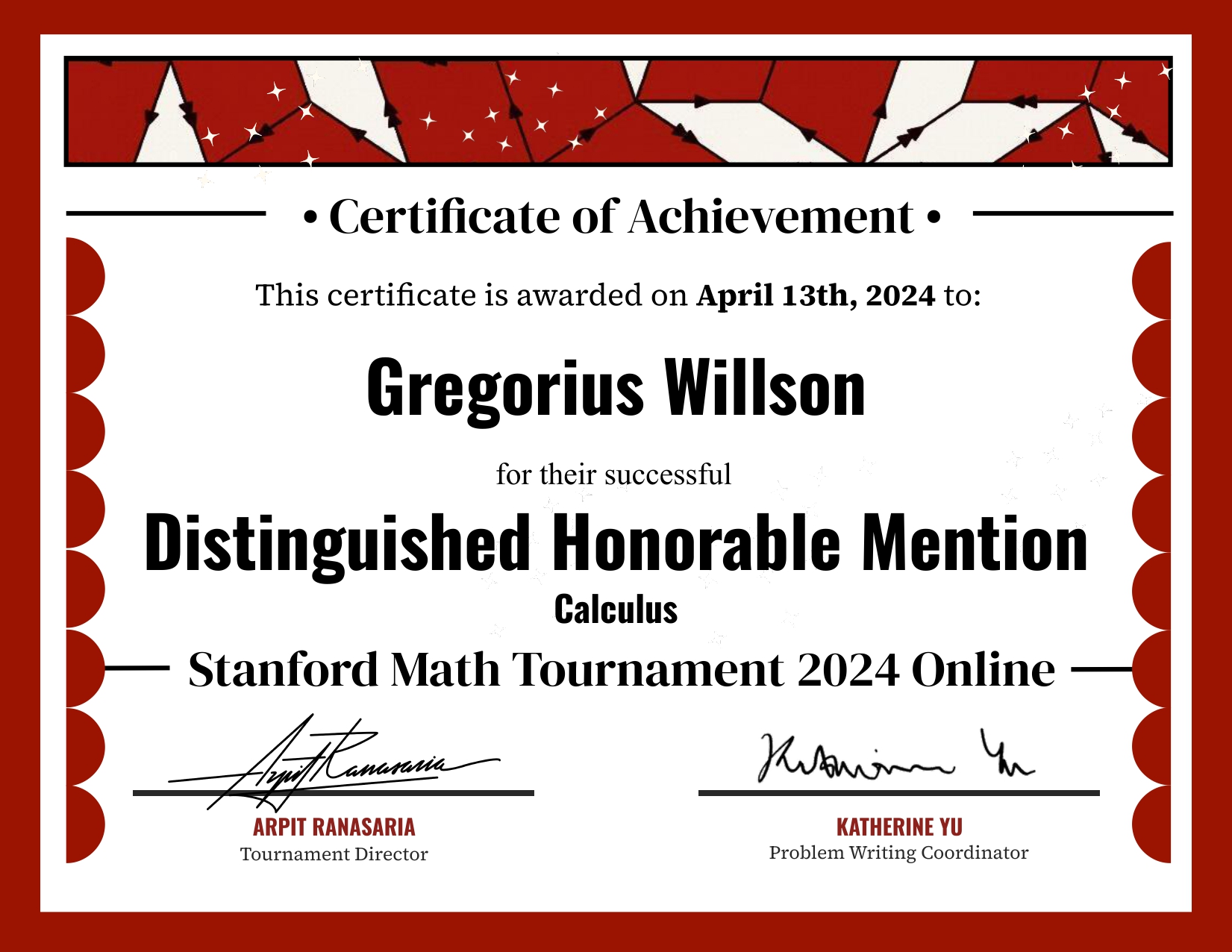 Stanford Math Tournament (SMT): Distinguished Honorable Mention in Calculus